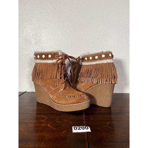 Sam Edelman Kemper Wedge Boots  Womens Sz 5 Suede Fringe Studded Platform - Picture 1 of 11